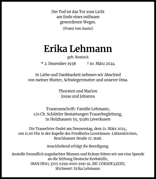 Anzeige von Erika Lehmann von Kölner Stadt-Anzeiger / Kölnische Rundschau / Express