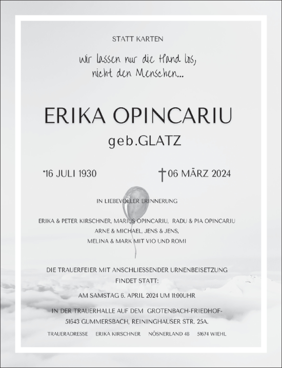 Anzeige von Erika Opincariu von  Anzeigen Echo 