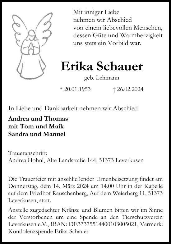 Anzeige von Erika Schauer von Kölner Stadt-Anzeiger / Kölnische Rundschau / Express