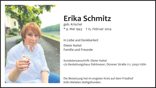 Anzeige von Erika Schmitz von Kölner Stadt-Anzeiger / Kölnische Rundschau / Express
