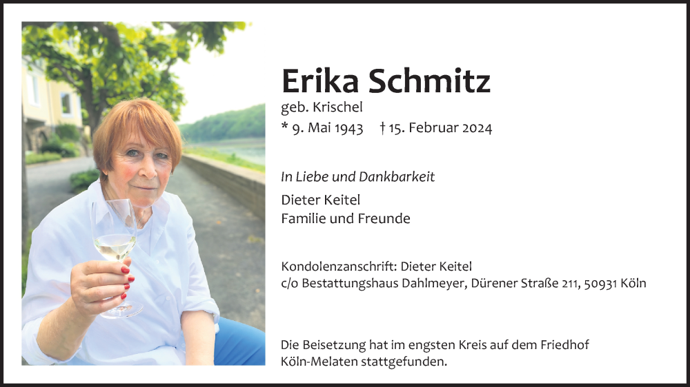  Traueranzeige für Erika Schmitz vom 23.03.2024 aus Kölner Stadt-Anzeiger / Kölnische Rundschau / Express