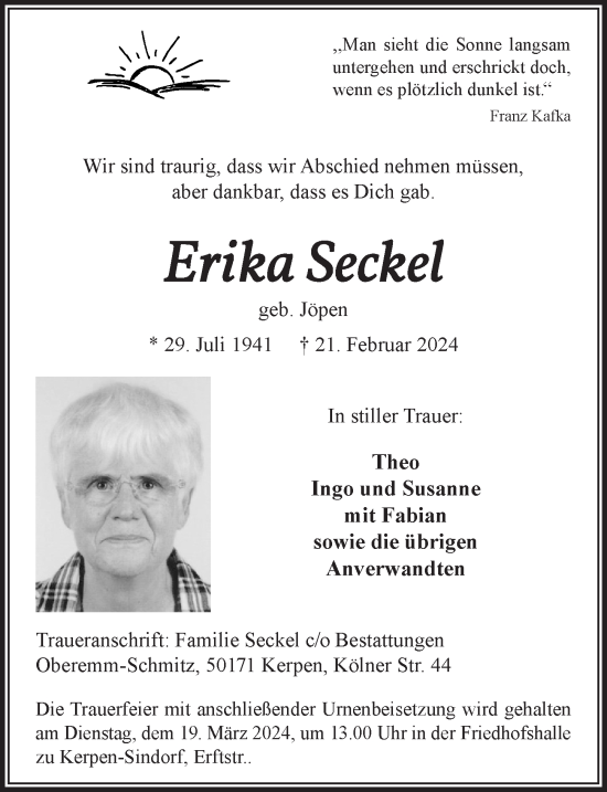 Anzeige von Erika Seckel von  Werbepost 