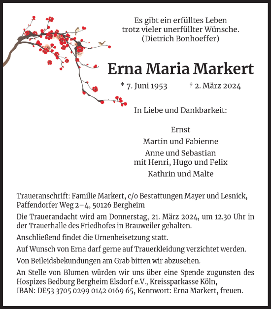 Anzeige von Erna Maria Markert von Kölner Stadt-Anzeiger / Kölnische Rundschau / Express