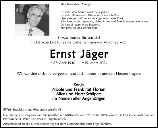 Anzeige von Ernst Jäger von Kölner Stadt-Anzeiger / Kölnische Rundschau / Express