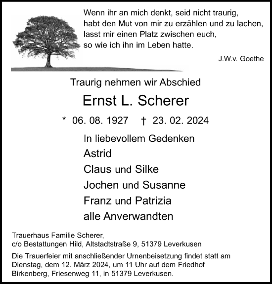 Anzeige von Ernst L. Scherer von Kölner Stadt-Anzeiger / Kölnische Rundschau / Express