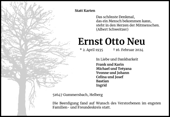 Anzeige von Ernst Otto Neu von Kölner Stadt-Anzeiger / Kölnische Rundschau / Express