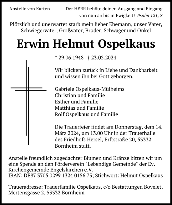 Anzeige von Erwin Helmut Ospelkaus von Kölner Stadt-Anzeiger / Kölnische Rundschau / Express