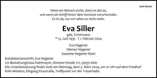 Anzeige von Eva Siller von Kölner Stadt-Anzeiger / Kölnische Rundschau / Express