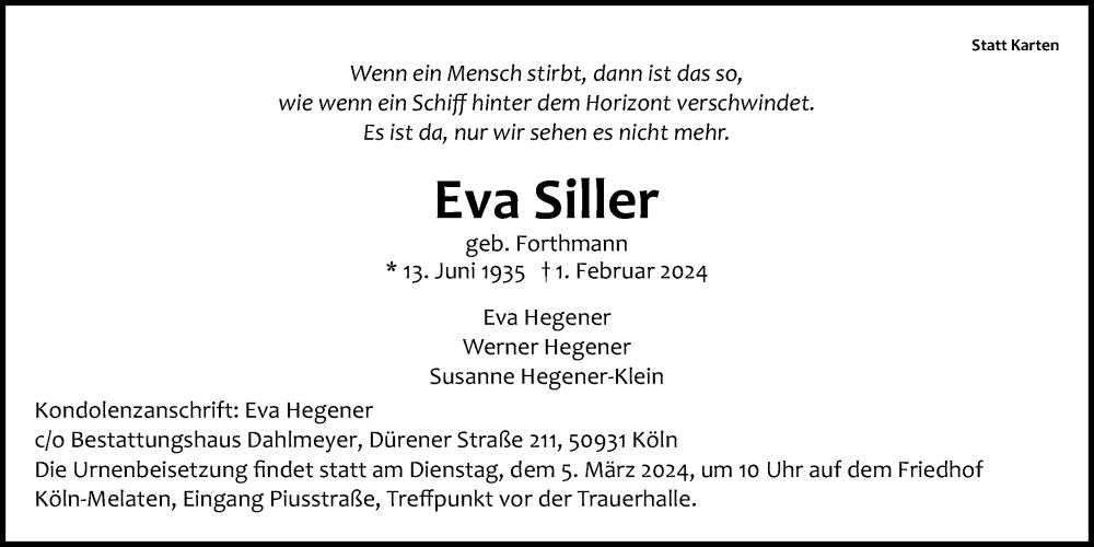  Traueranzeige für Eva Siller vom 02.03.2024 aus Kölner Stadt-Anzeiger / Kölnische Rundschau / Express