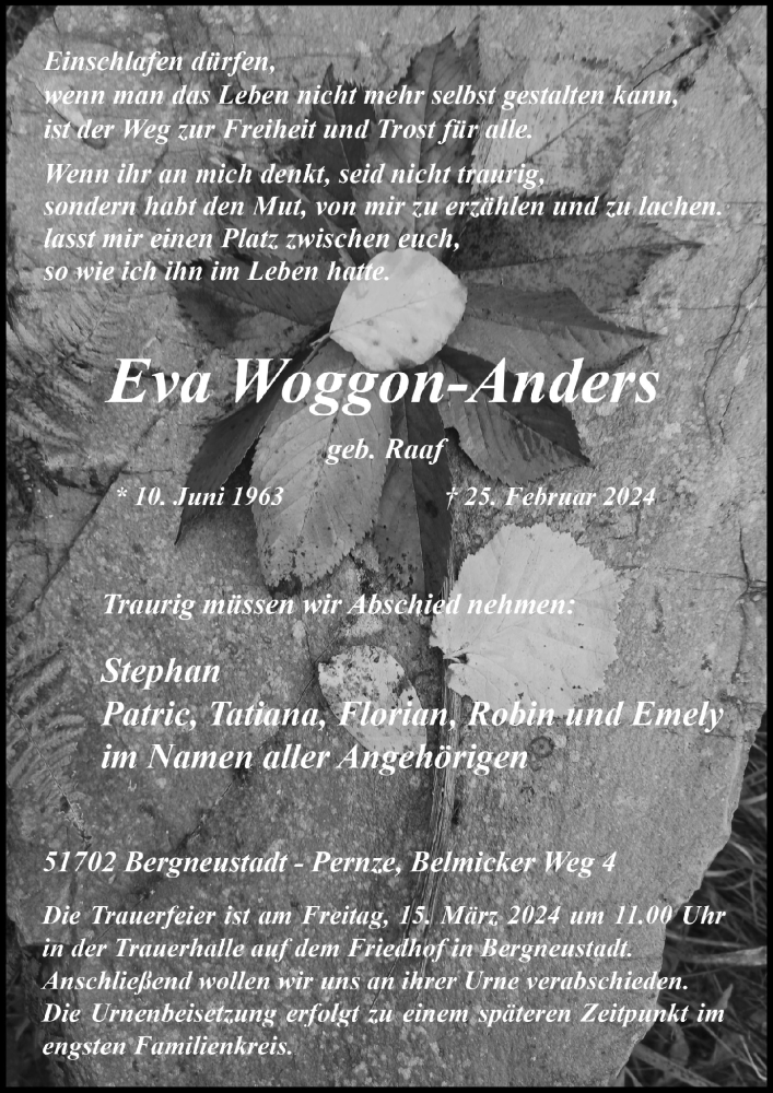  Traueranzeige für Eva Woggon-Anders vom 08.03.2024 aus  Anzeigen Echo 