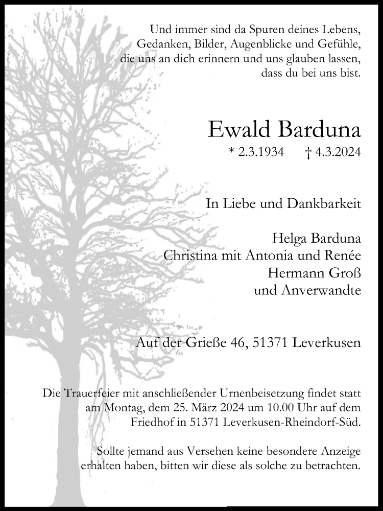  Traueranzeige für Ewald Barduna vom 16.03.2024 aus Kölner Stadt-Anzeiger / Kölnische Rundschau / Express