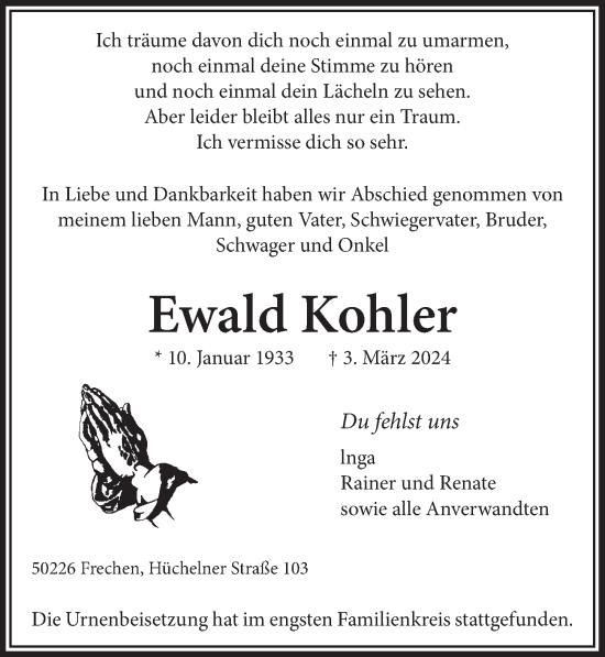 Anzeige von Ewald Kohler von  Wochenende 