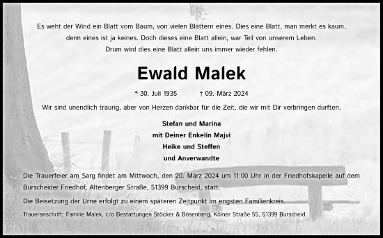 Anzeige von Ewald Malek von Kölner Stadt-Anzeiger / Kölnische Rundschau / Express