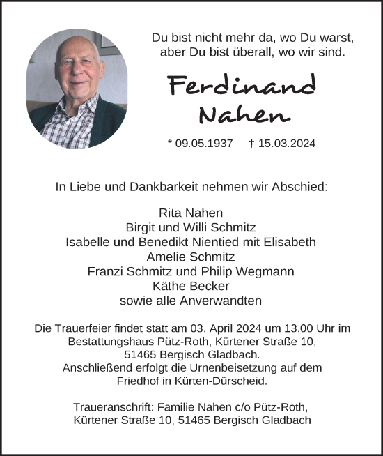 Anzeige von Ferdinand Nahen von Kölner Stadt-Anzeiger / Kölnische Rundschau / Express