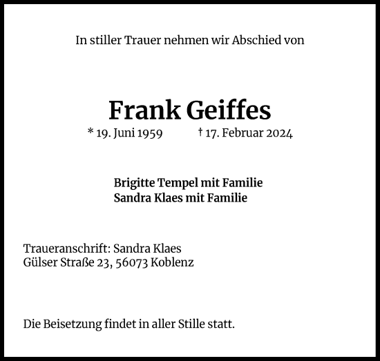 Anzeige von Frank Geiffes von Kölner Stadt-Anzeiger / Kölnische Rundschau / Express