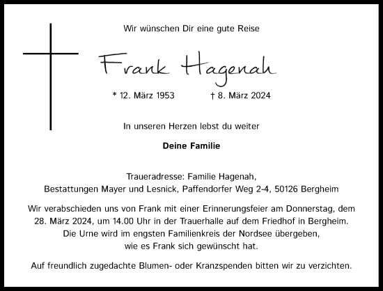 Anzeige von Frank Hagenah von Kölner Stadt-Anzeiger / Kölnische Rundschau / Express