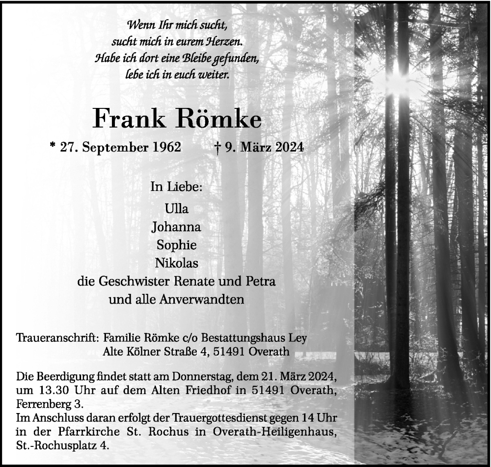  Traueranzeige für Frank Römke vom 16.03.2024 aus Kölner Stadt-Anzeiger / Kölnische Rundschau / Express