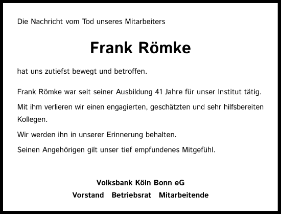 Anzeige von Frank Römke von Kölner Stadt-Anzeiger / Kölnische Rundschau / Express