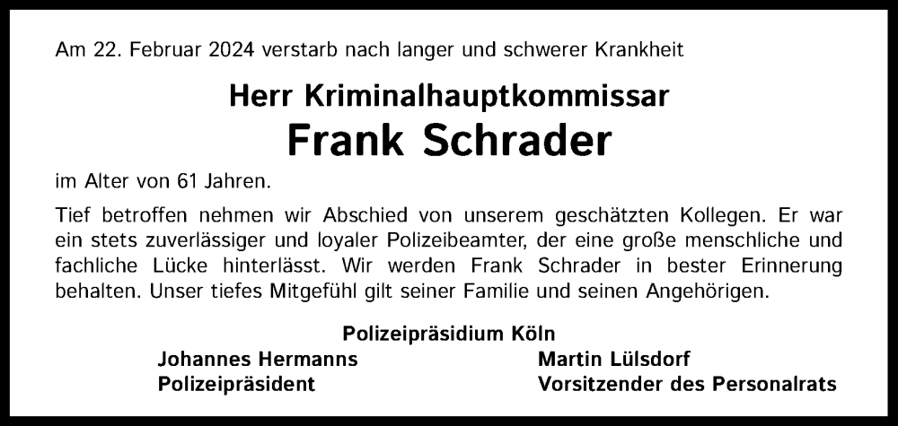  Traueranzeige für Frank Schrader vom 06.03.2024 aus Kölner Stadt-Anzeiger / Kölnische Rundschau / Express