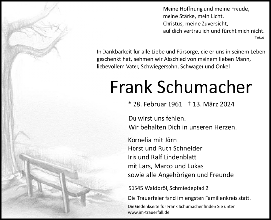 Anzeige von Frank Schumacher von Kölner Stadt-Anzeiger / Kölnische Rundschau / Express