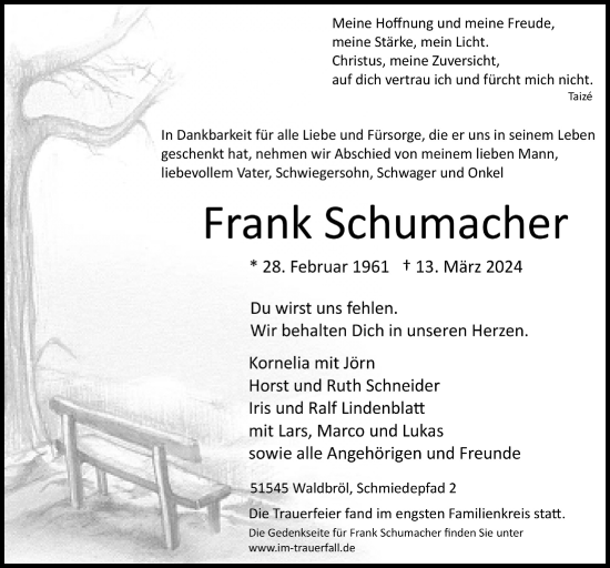 Anzeige von Frank Schumacher von  Lokalanzeiger 