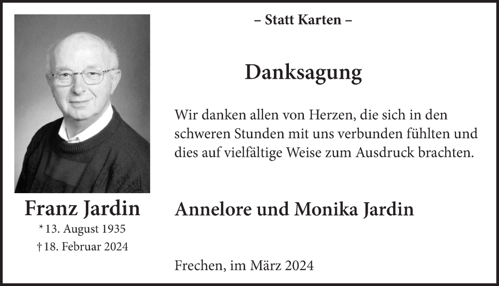  Traueranzeige für Franz Jardin vom 22.03.2024 aus  Wochenende 