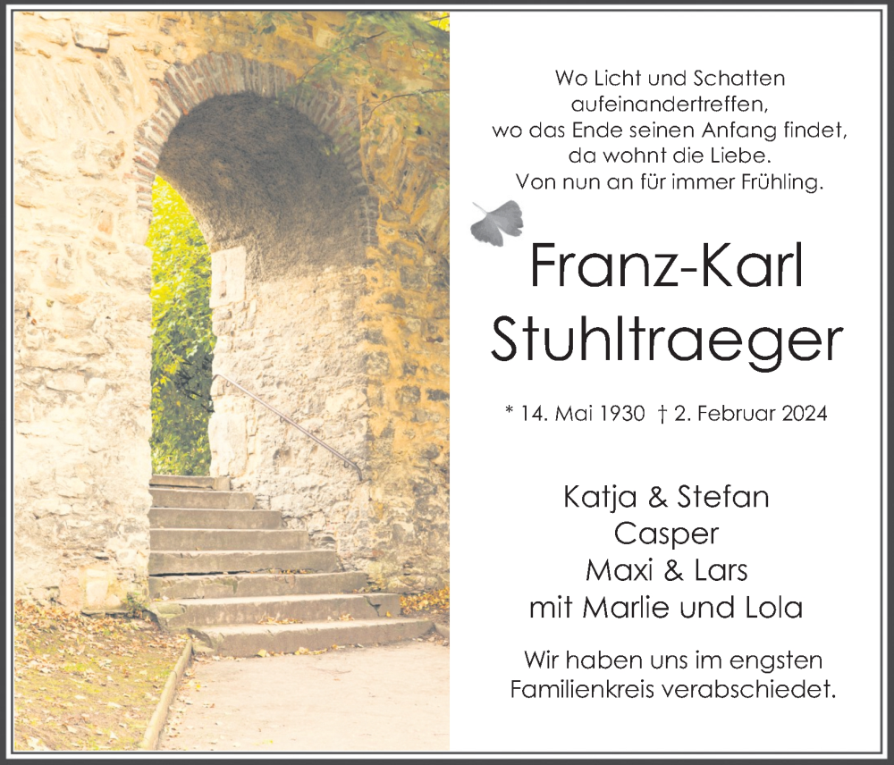  Traueranzeige für Franz-Karl Stuhltraeger vom 02.03.2024 aus Kölner Stadt-Anzeiger / Kölnische Rundschau / Express
