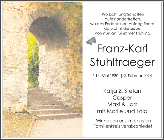 Anzeige von Franz-Karl Stuhltraeger von Kölner Stadt-Anzeiger / Kölnische Rundschau / Express