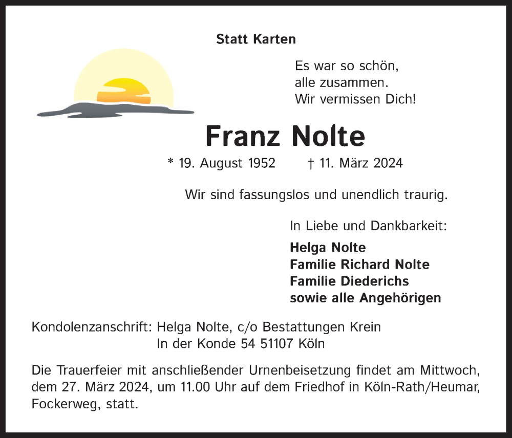  Traueranzeige für Franz Nolte vom 20.03.2024 aus Kölner Stadt-Anzeiger / Kölnische Rundschau / Express