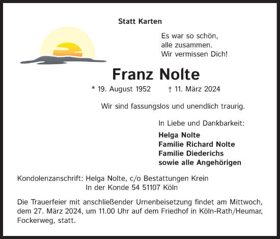 Anzeige von Franz Nolte von Kölner Stadt-Anzeiger / Kölnische Rundschau / Express