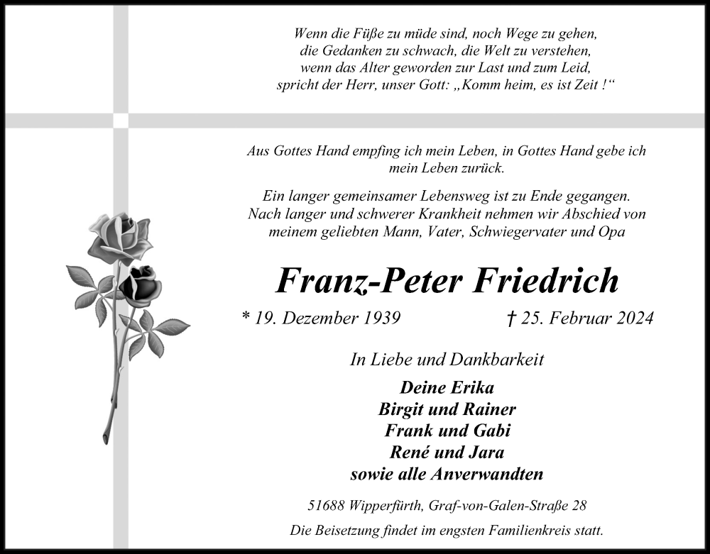  Traueranzeige für Franz-Peter Friedrich vom 02.03.2024 aus Kölner Stadt-Anzeiger / Kölnische Rundschau / Express