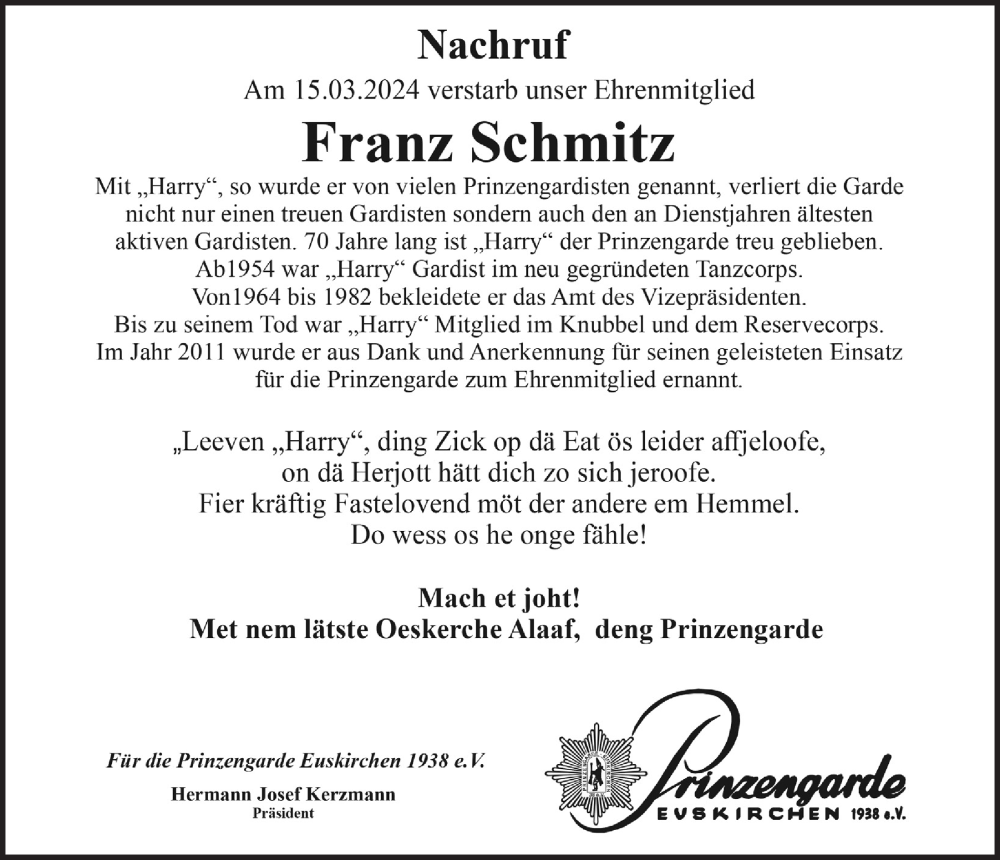  Traueranzeige für Franz Schmitz vom 30.03.2024 aus  Blickpunkt Euskirchen 