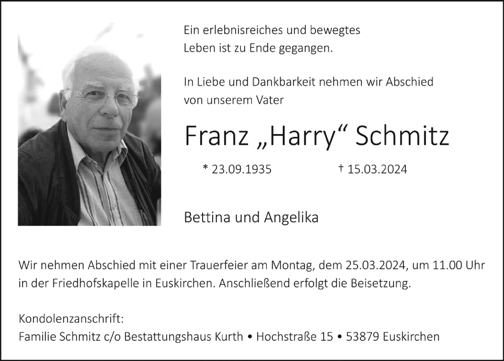  Traueranzeige für Franz Schmitz vom 23.03.2024 aus  Blickpunkt Euskirchen 
