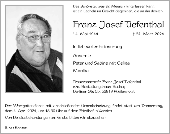 Anzeige von Franz Josef Tiefenthal von  Blickpunkt Euskirchen 