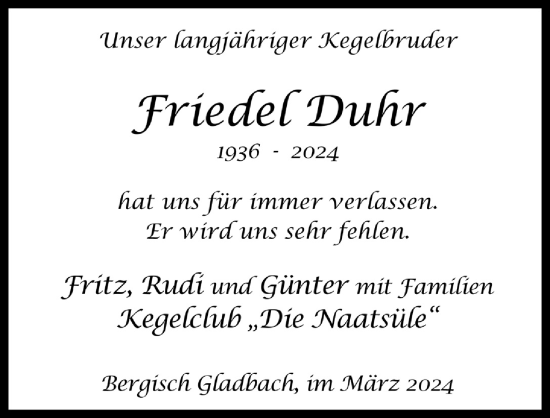 Anzeige von Friedel Duhr von  Bergisches Handelsblatt 