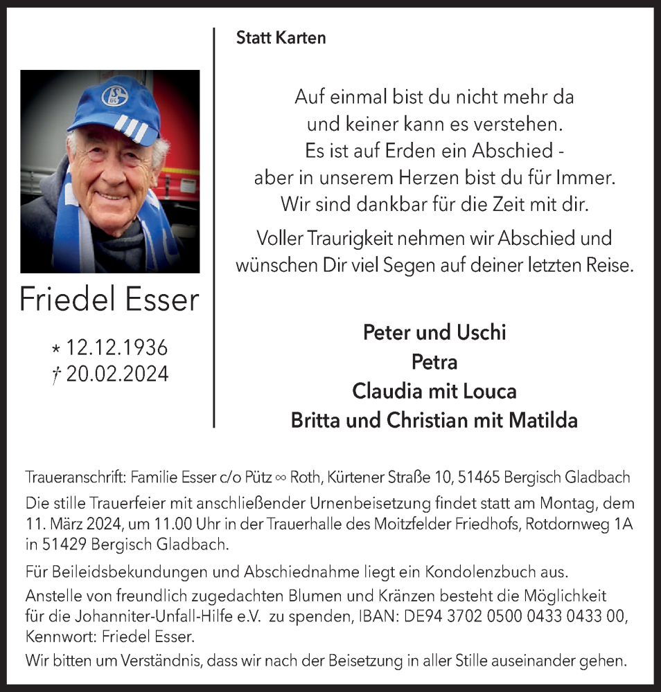  Traueranzeige für Friedel Esser vom 02.03.2024 aus Kölner Stadt-Anzeiger / Kölnische Rundschau / Express