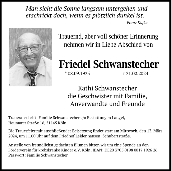 Anzeige von Friedel Schwanstecher von Kölner Stadt-Anzeiger / Kölnische Rundschau / Express