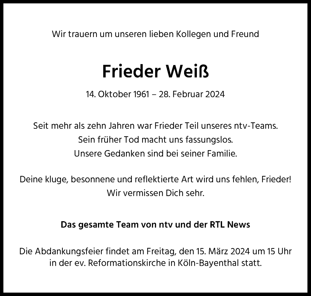  Traueranzeige für Frieder Weiß vom 13.03.2024 aus Kölner Stadt-Anzeiger / Kölnische Rundschau / Express