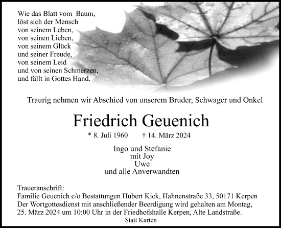 Anzeige von Friedrich Geuenich von Kölner Stadt-Anzeiger / Kölnische Rundschau / Express