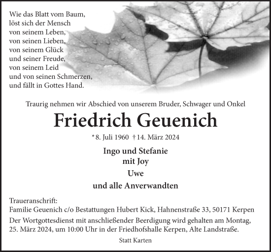 Anzeige von Friedrich Geuenich von  Werbepost 