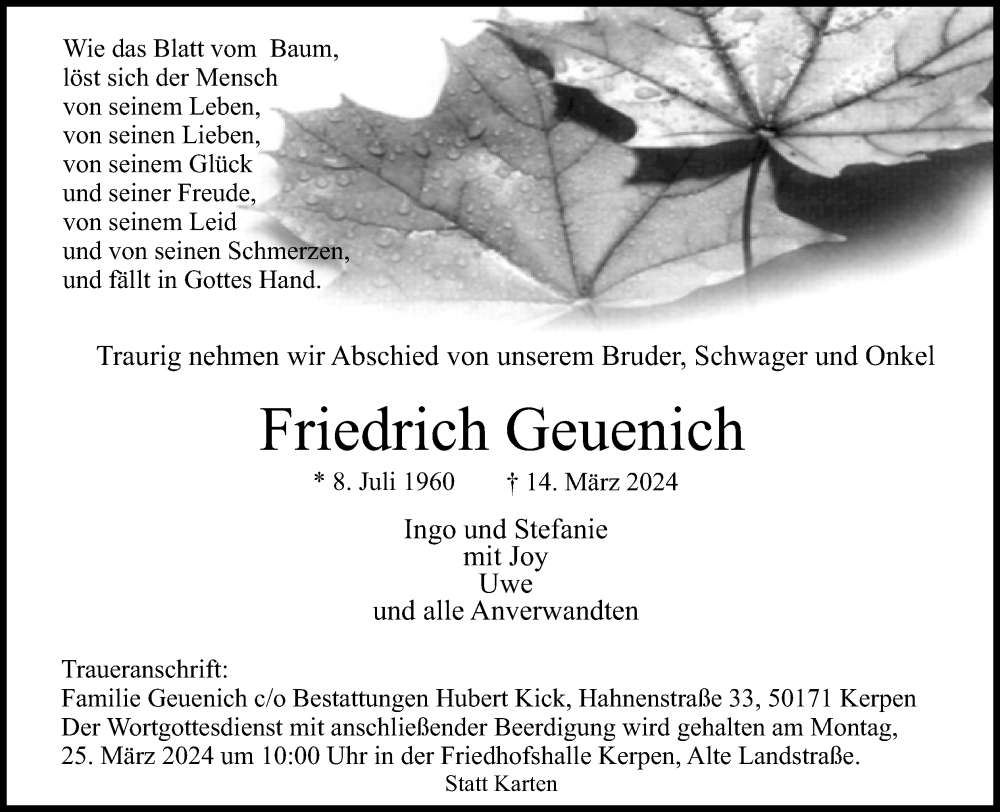  Traueranzeige für Friedrich Geuenich vom 20.03.2024 aus Kölner Stadt-Anzeiger / Kölnische Rundschau / Express