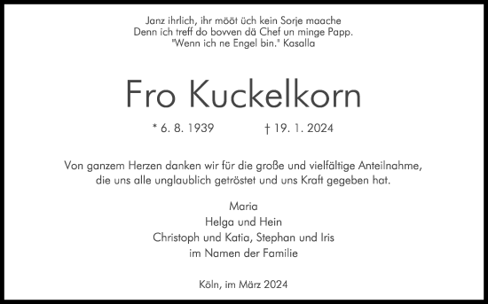 Anzeige von Fro  Kuckelkorn von Kölner Stadt-Anzeiger / Kölnische Rundschau / Express