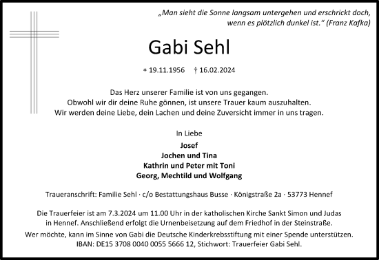 Anzeige von Gabi Sehl von Kölner Stadt-Anzeiger / Kölnische Rundschau / Express