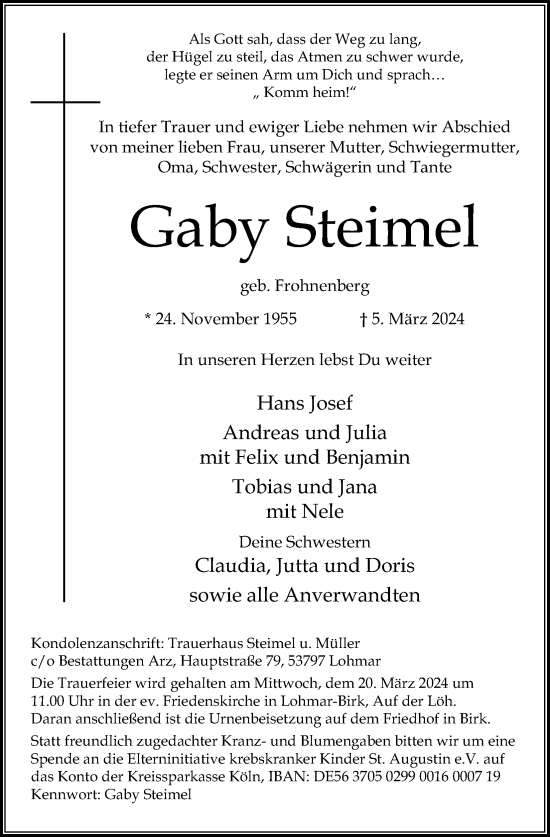 Anzeige von Gaby Steimel von Kölner Stadt-Anzeiger / Kölnische Rundschau / Express
