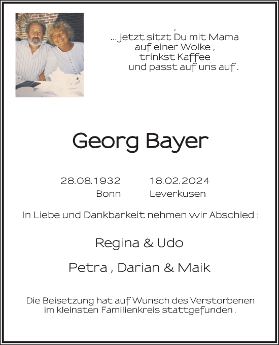 Anzeige von Georg Bayer von Kölner Stadt-Anzeiger / Kölnische Rundschau / Express