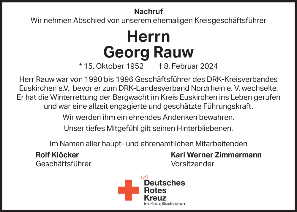  Traueranzeige für Georg Rauw vom 02.03.2024 aus  Blickpunkt Euskirchen 