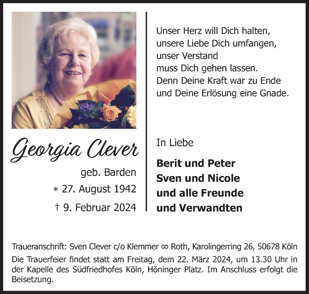  Traueranzeige für Georgia Clever vom 09.03.2024 aus Kölner Stadt-Anzeiger / Kölnische Rundschau / Express