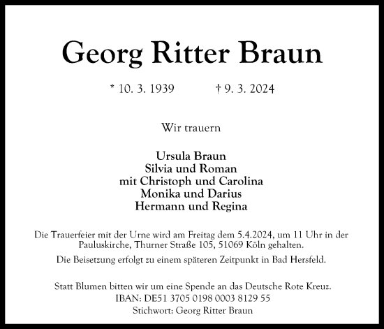 Anzeige von Georg Ritter Braun von Kölner Stadt-Anzeiger / Kölnische Rundschau / Express