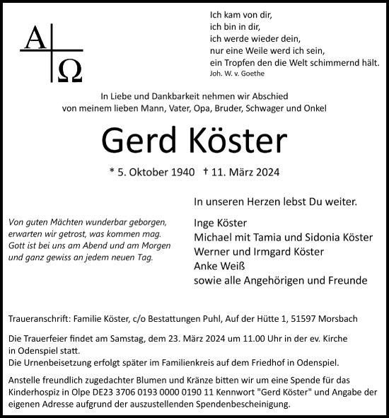 Anzeige von Gerd Köster von  Lokalanzeiger 