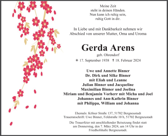 Anzeige von Gerda Arens von Kölner Stadt-Anzeiger / Kölnische Rundschau / Express